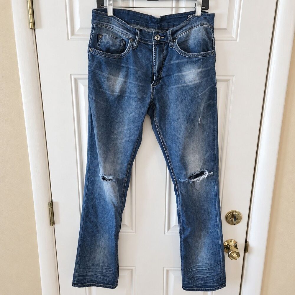 Buffalo David Bitton Ash-X Jeans Mens 32x32 Skinny Stretch Distressed Blue Denim